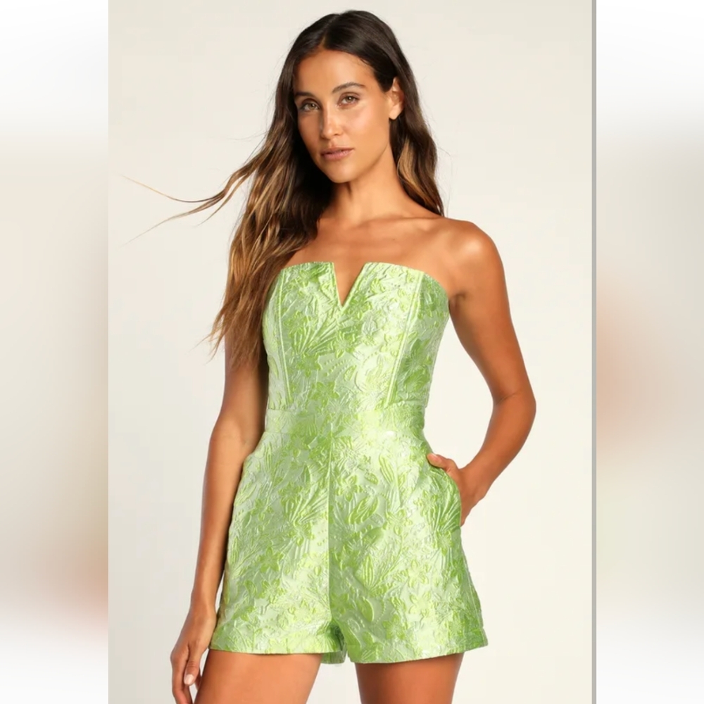 Lulu's Bright Delight Lime Green Floral Jacquard Romper